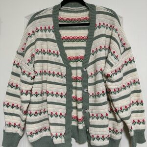 Floral Patterned Green and Cream Women's Cardigan